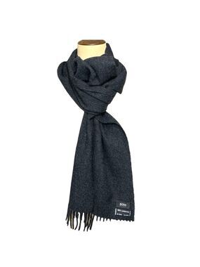 Hogo Boss Charcoal Gray Lambswool Scarf 13"X60" Fringes Embroidered Logo Classic